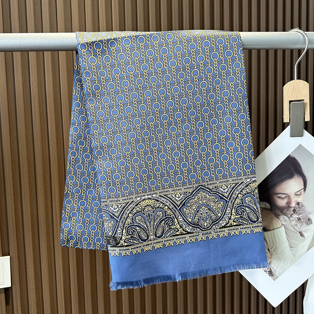 Paisley cashew flower blue men's shirt silk scarf