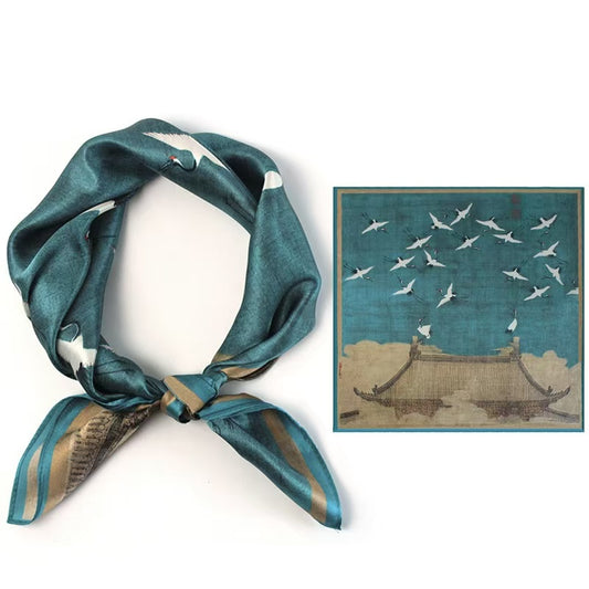 Silk scarf for men crane pattern green