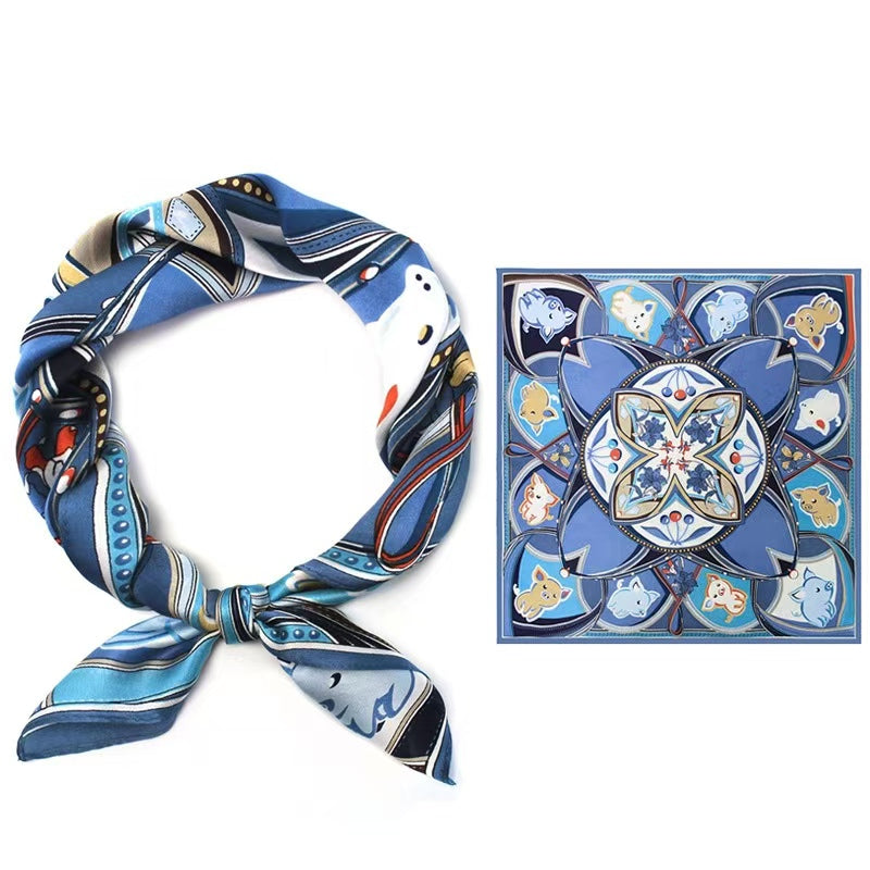 Square silk scarf for men blue kaleidoscope pattern shirt scarf