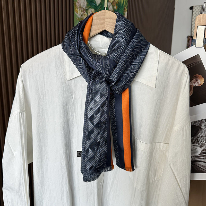 Men's pure silk scarf with orange stripes