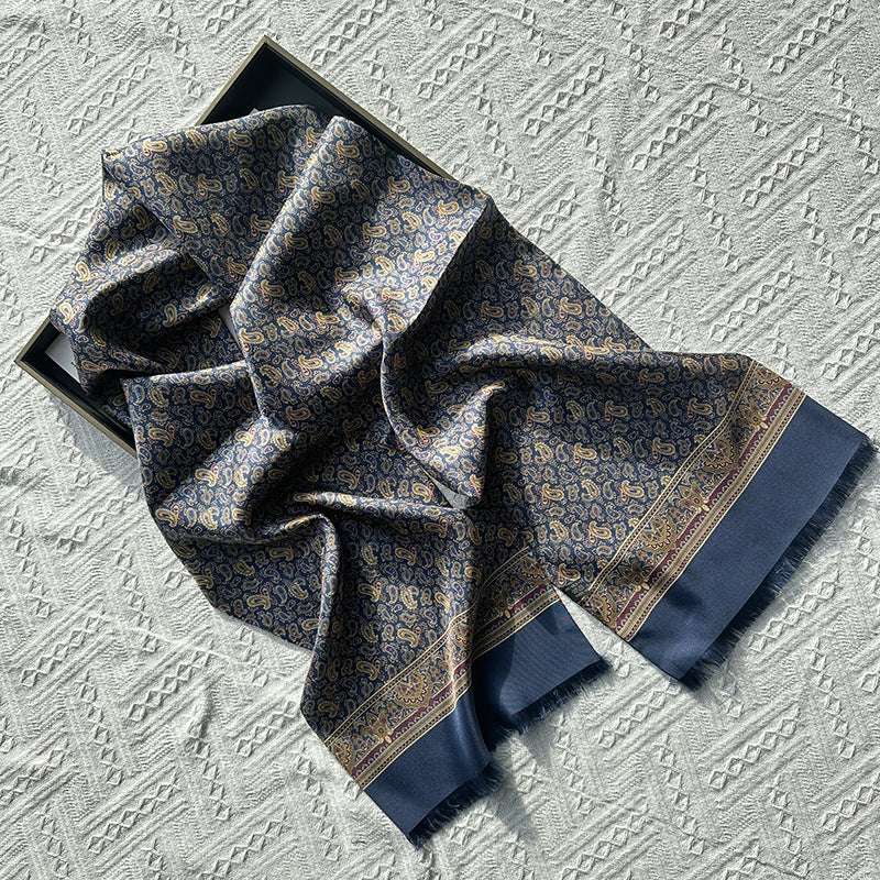 Men's pure silk scarf in blue Paisley cashews pattern