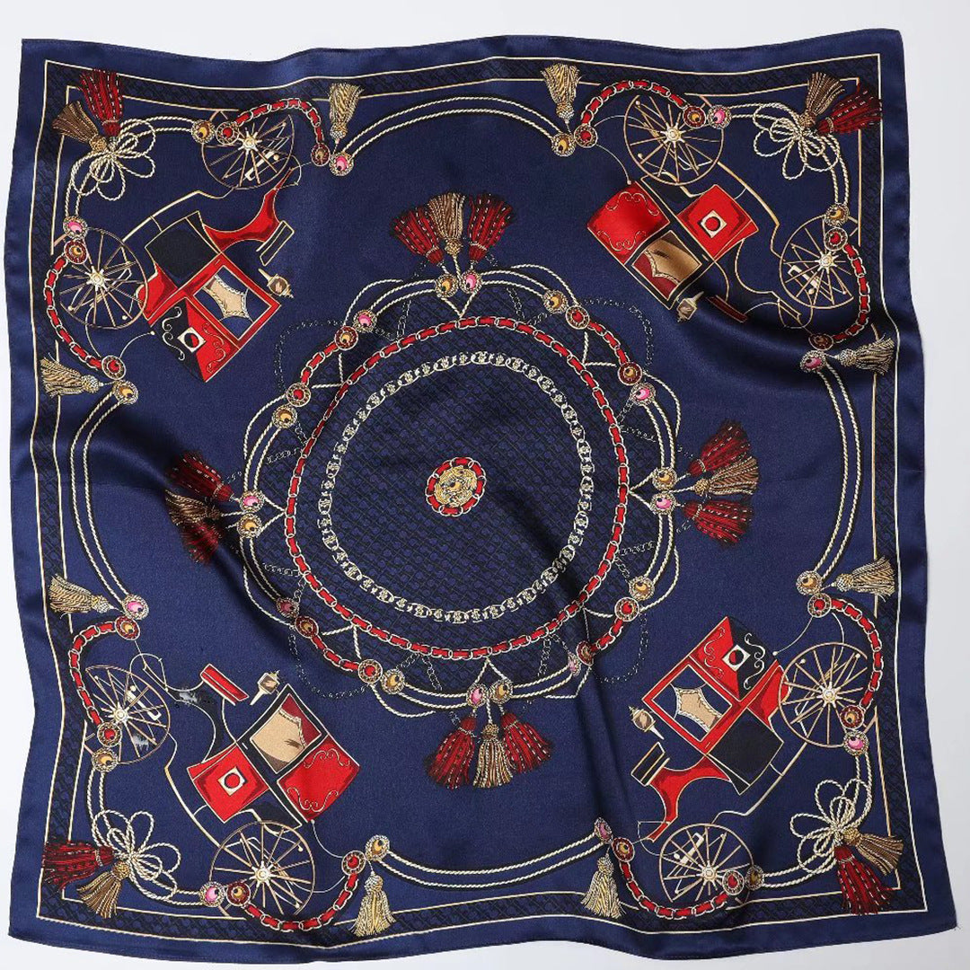 Square silk scarf for women Navy blue royal carriage pattern shawl