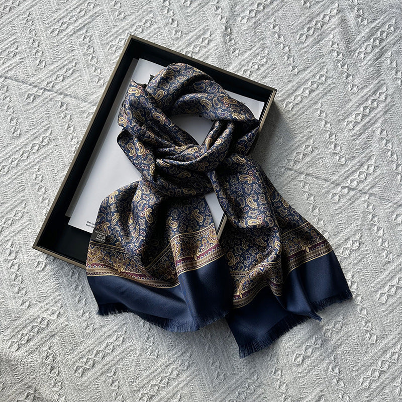 Men's pure silk scarf in blue Paisley cashews pattern