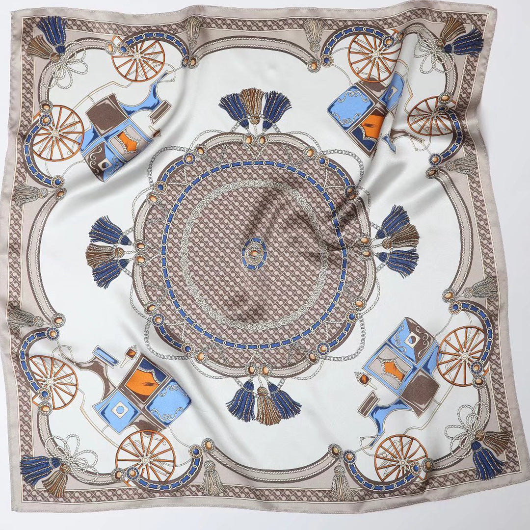 Women's square silk scarf with khaki royal carriage pattern