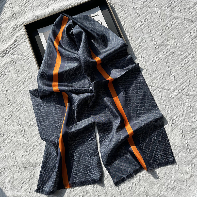 Men's pure silk scarf with orange stripes