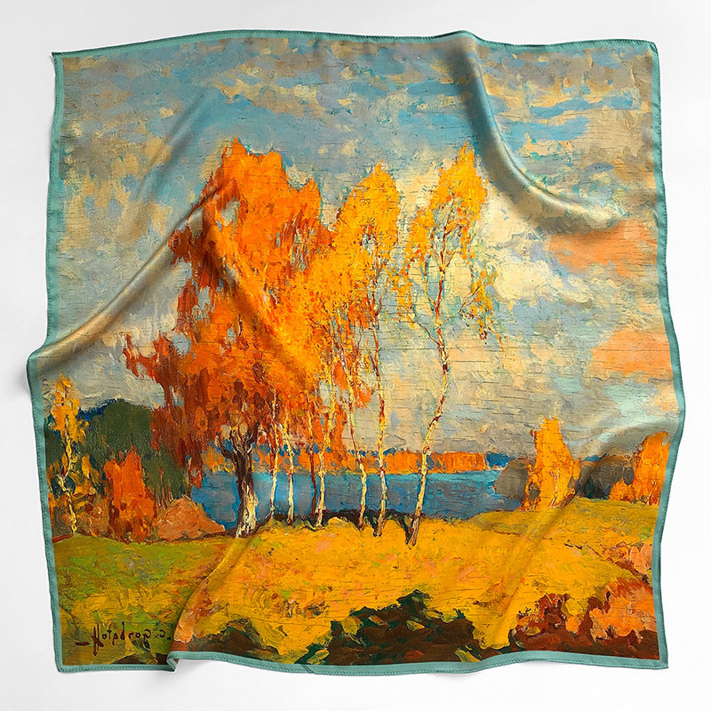 Silk scarf for women Birch forest light yellow square scarf