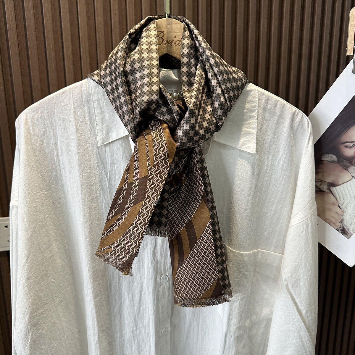 Light khaki long mulberry silk scarf for men