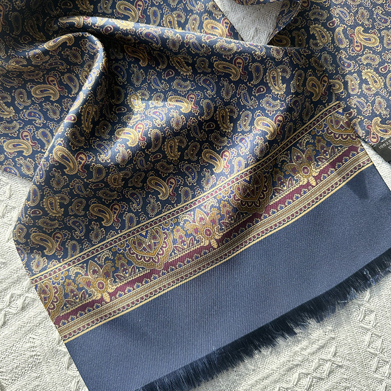 Men's pure silk scarf in blue Paisley cashews pattern